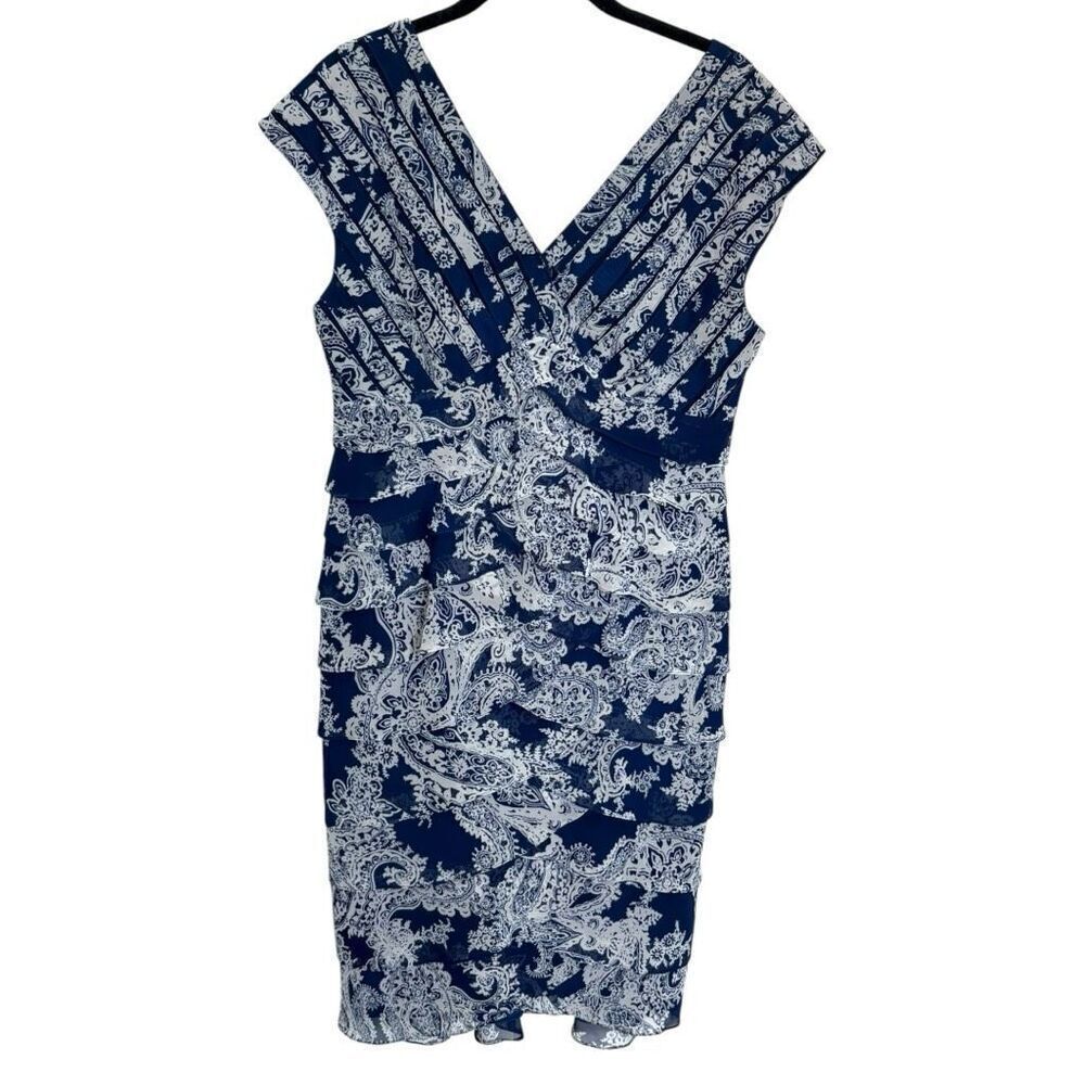 Adrianna Papell Blue & White Shutter Pleat Short Sleeve Sheath Dress size 12